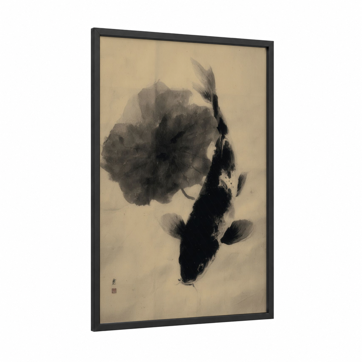 Ink Koi Fish framed art print — black wood frame — black and white and cream palette