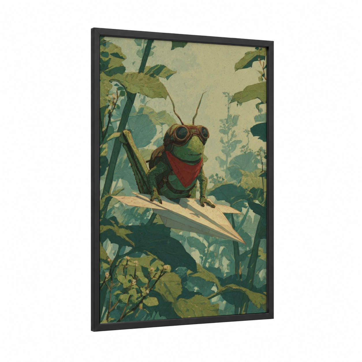Adventurous Grasshopper framed art print — black wood frame — light green and olive palette