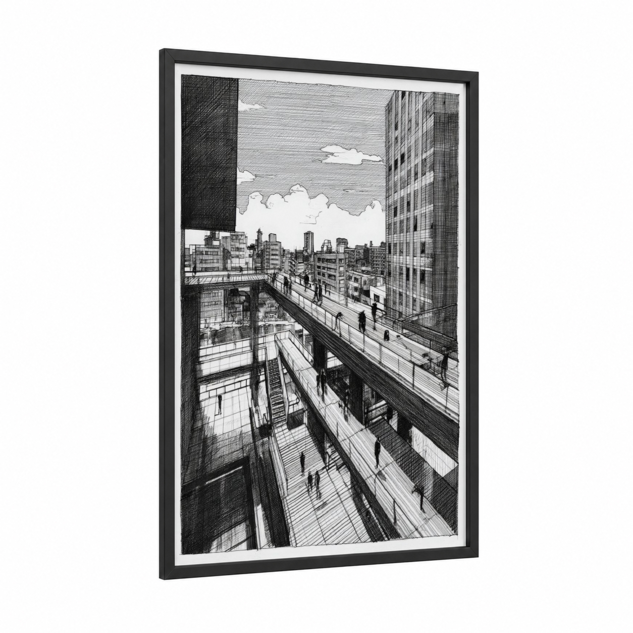 Urban Perspective framed abstract architecture print — black wood frame — black and white palette