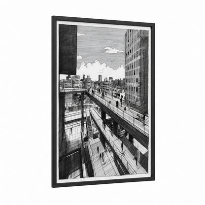 Urban Perspective framed abstract architecture print — black wood frame — black and white palette