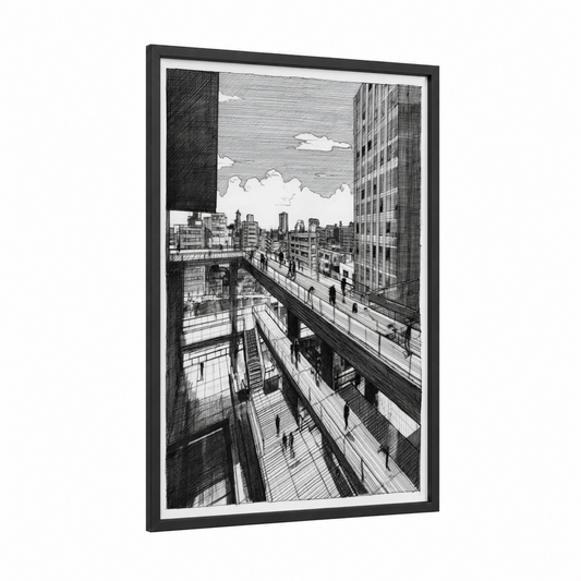 Urban Perspective framed abstract architecture print — black wood frame — black and white palette