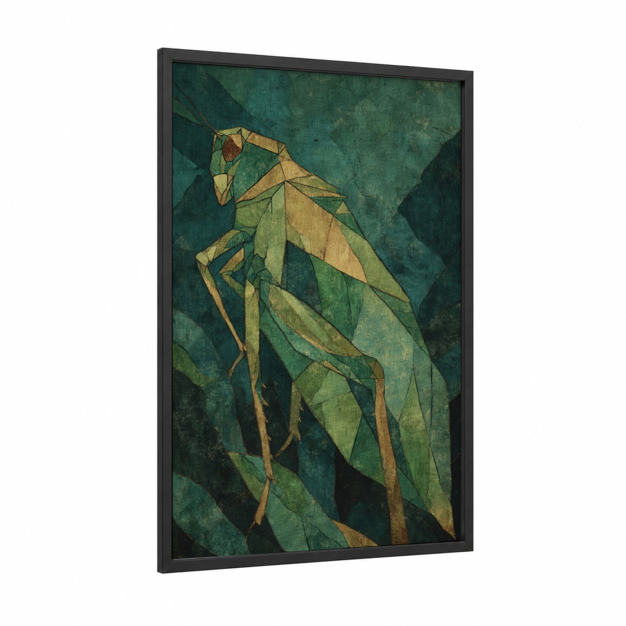 Geometric Grasshopper framed art print — black wood frame — teal and yellow gold palette