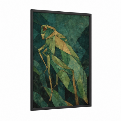 Geometric Grasshopper framed art print — black wood frame — teal and yellow gold palette