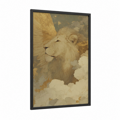 Celestial Lion framed leo print — black wood frame — gold and cream palette