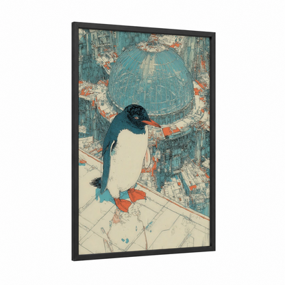 Urban Penguin framed art print — black wood frame — teal and cream palette
