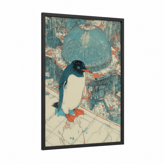 Urban Penguin framed art print — black wood frame — teal and cream palette