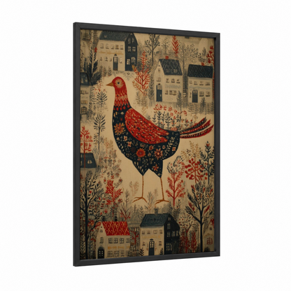 Ornamental Phoenix Village framed art print — black wood frame — red and beige palette