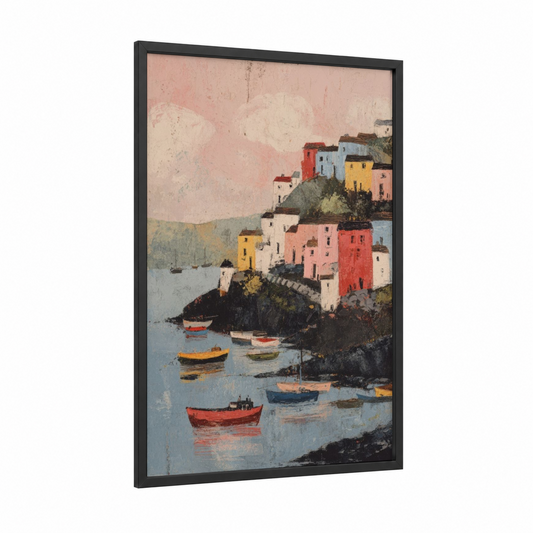 Colorful Harbor framed port print — black wood frame — peach and blue and gold palette