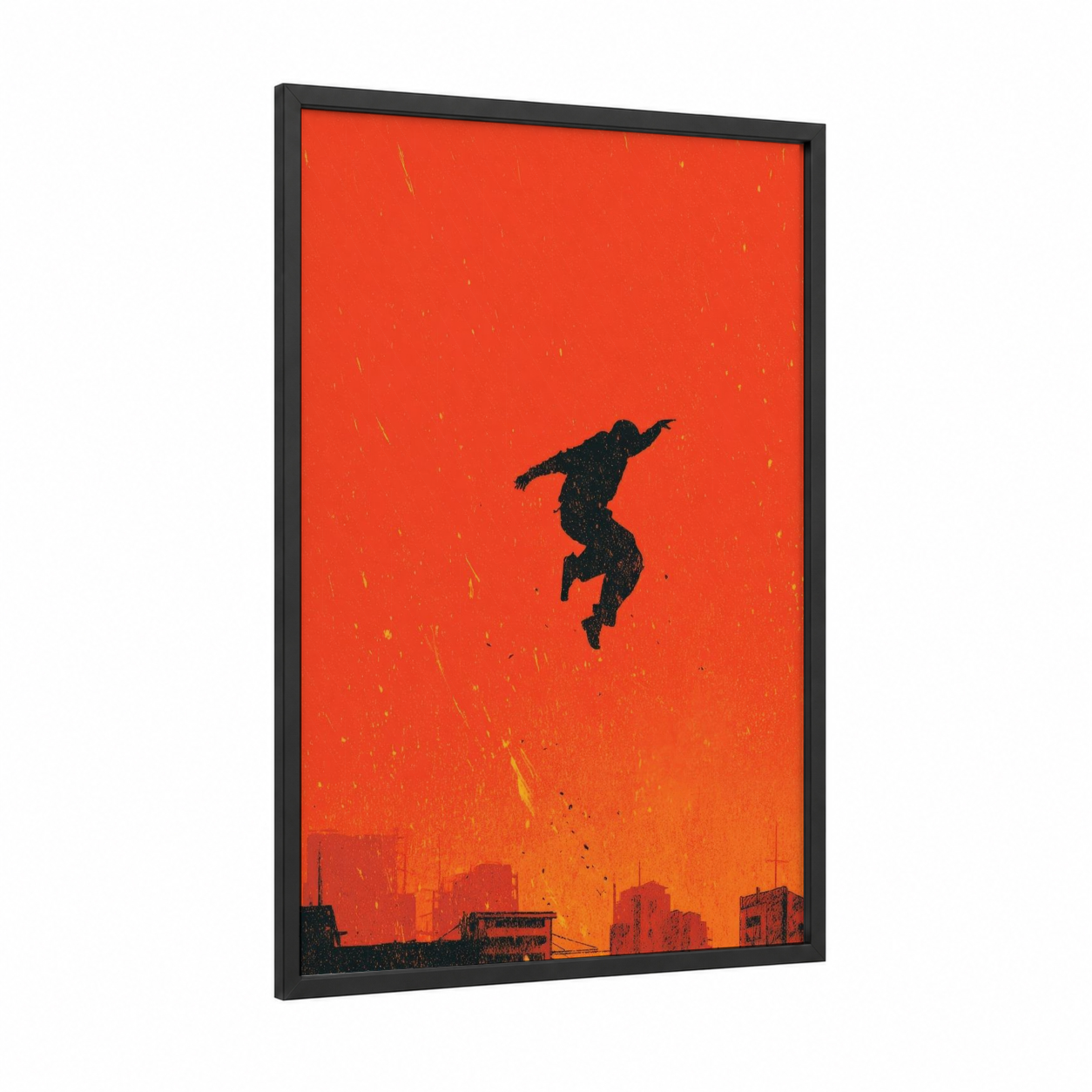 Urban Leap framed street dance print — black wood frame — red and orange palette