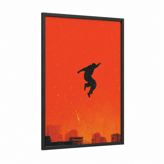 Urban Leap framed street dance print — black wood frame — red and orange palette