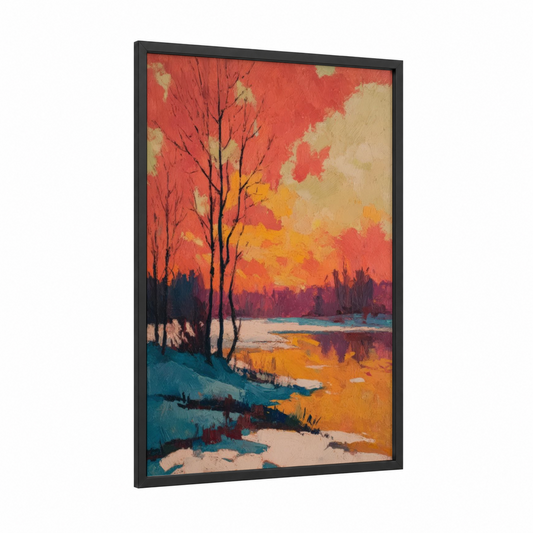 Crimson Winter Sunset framed art print — black wood frame — red and gold palette
