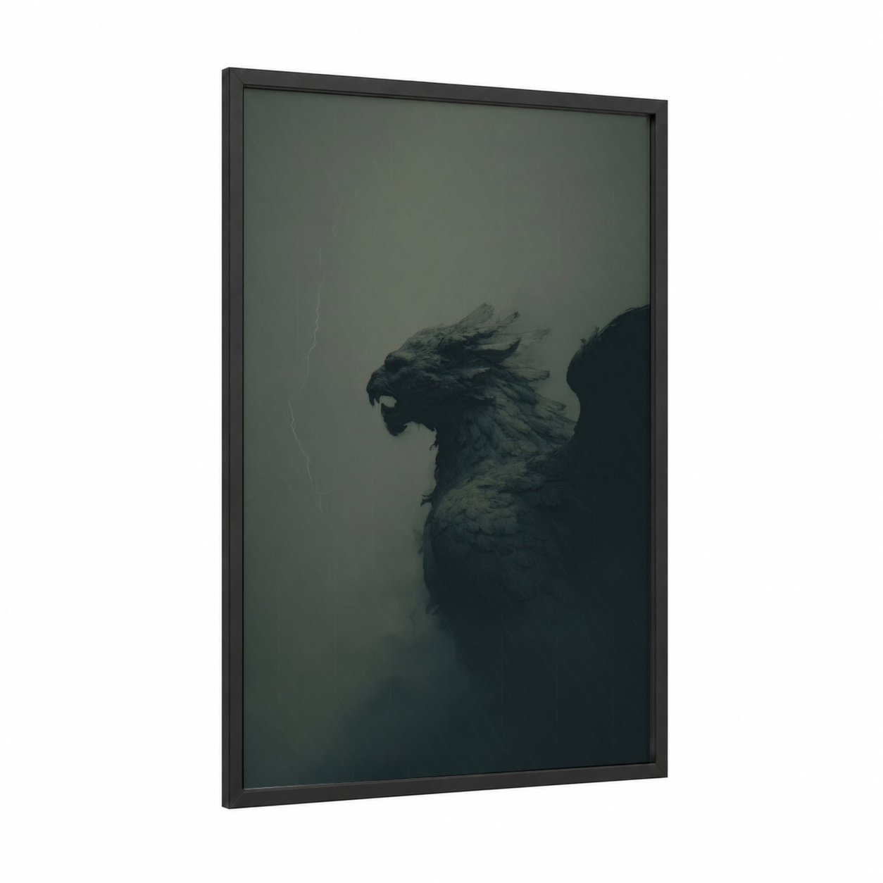Stormy Sphinx framed art print — black wood frame — black and gray palette