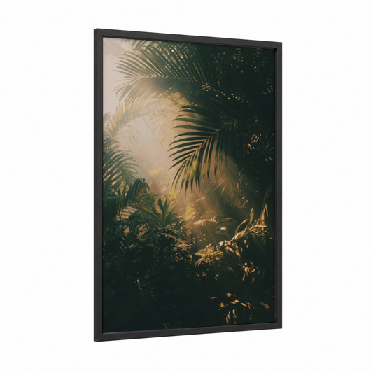 Golden Palm Sanctuary framed palm forest print — black wood frame — gold and dark green palette