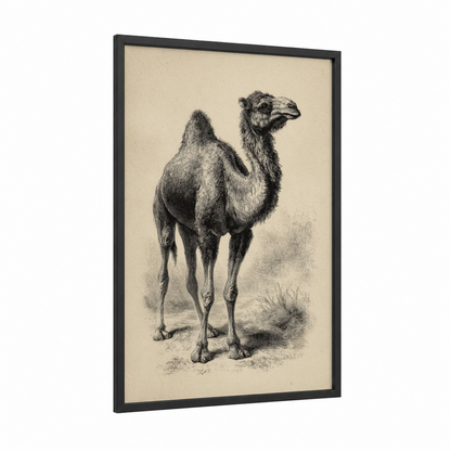 Standing Camel framed art print — black wood frame — black and white and cream palette