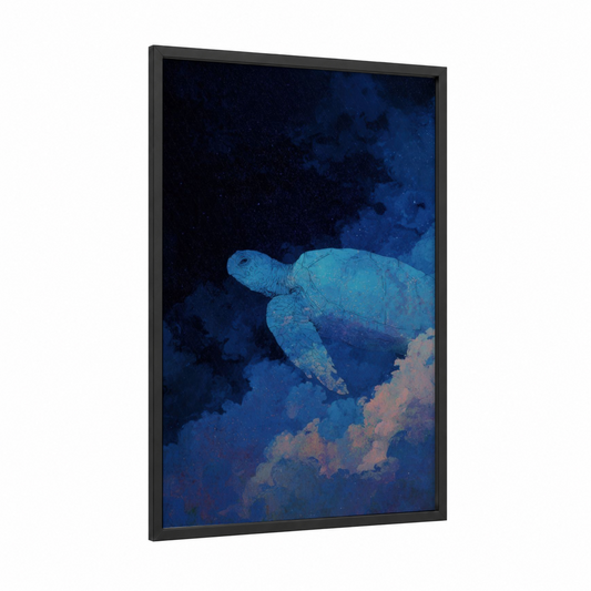 Oceanic Turtle Dream framed art print — black wood frame — blue and teal palette
