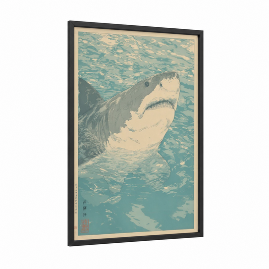 Breaching Bull Shark framed art print — black wood frame — blue and white and teal palette