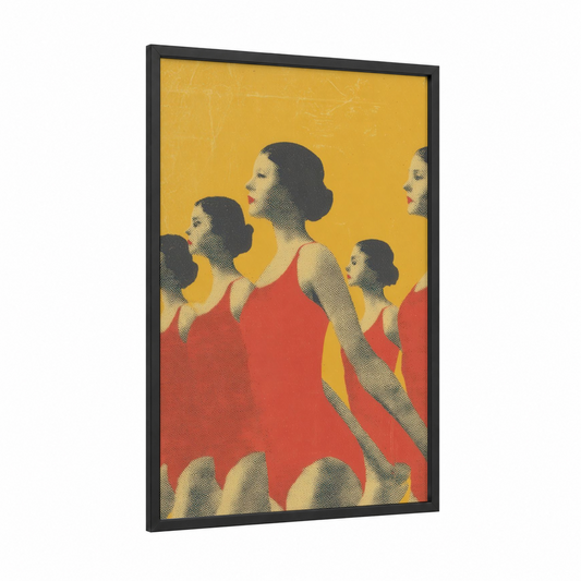 Synchronized Elegance framed synchronized swimming print — black wood frame — yellow gold and red palette