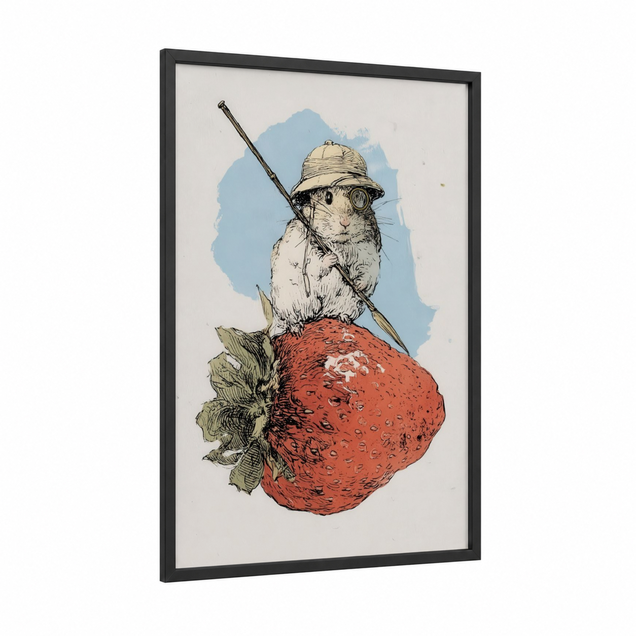 Explorer Hamster framed art print — black wood frame — blue and red palette