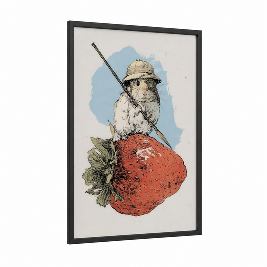 Explorer Hamster framed art print — black wood frame — blue and red palette