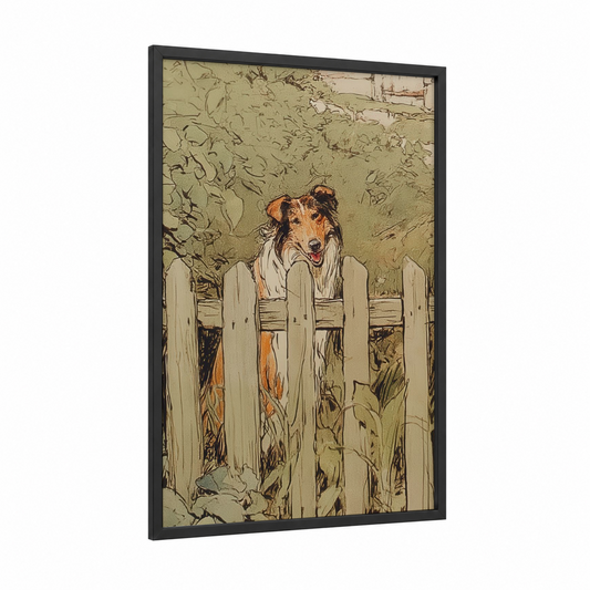 Fence-Perching Collie framed shepherd dogs and collies print — black wood frame — russet and cream palette
