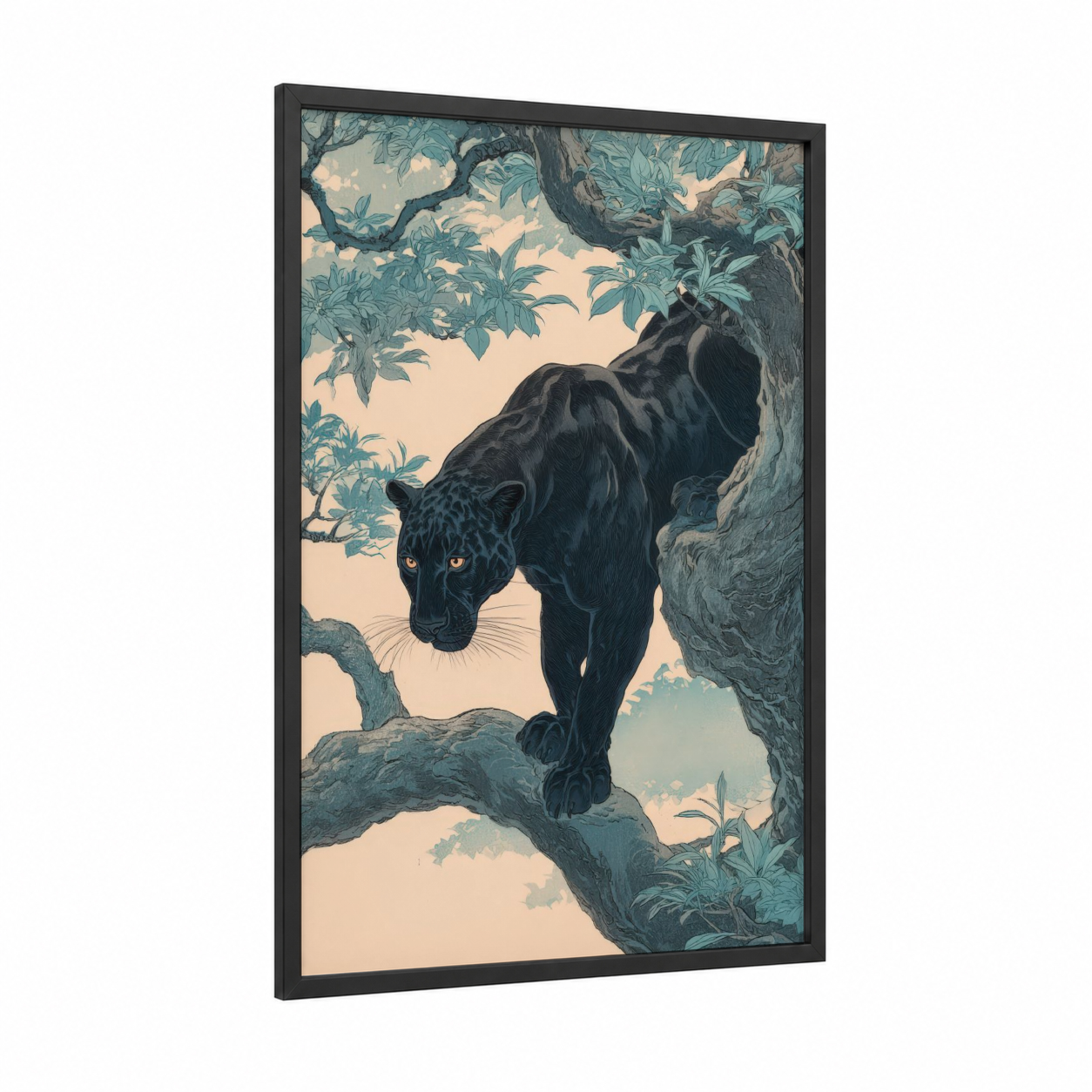 Prowling Panther framed art print — black wood frame — teal and cream palette