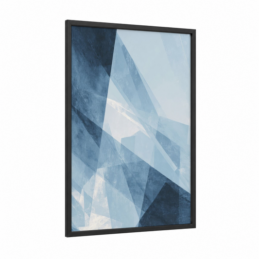 Ethereal Layers framed abstract geometric print — black wood frame — blue and white palette