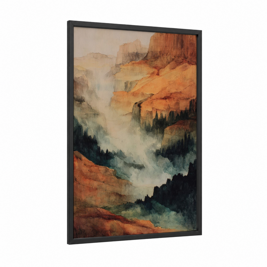 Misty Canyon framed art print — black wood frame — russet and cream palette