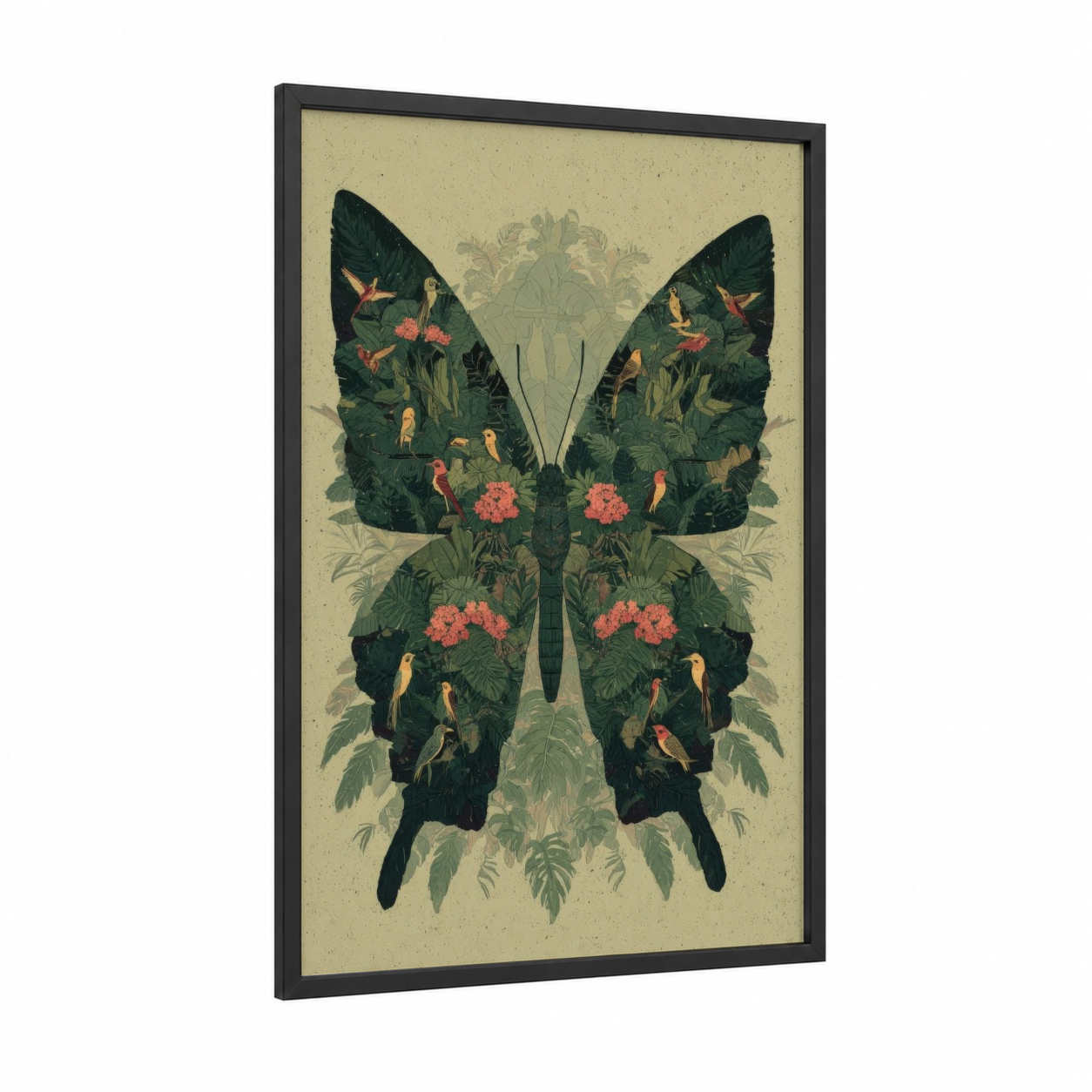Tropical Paradise Butterfly framed art print — black wood frame — dark green and cream palette