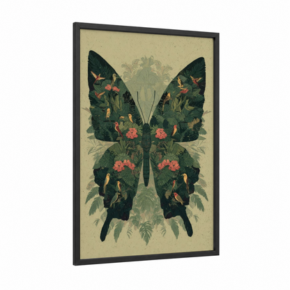 Tropical Paradise Butterfly framed art print — black wood frame — dark green and cream palette