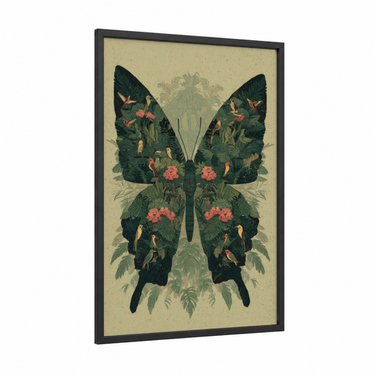 Tropical Paradise Butterfly framed art print — black wood frame — dark green and cream palette
