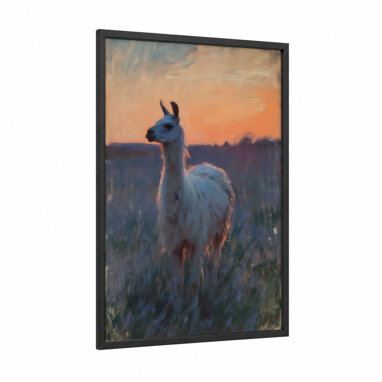 Sunset Llama framed art print — black wood frame — orange and blue palette