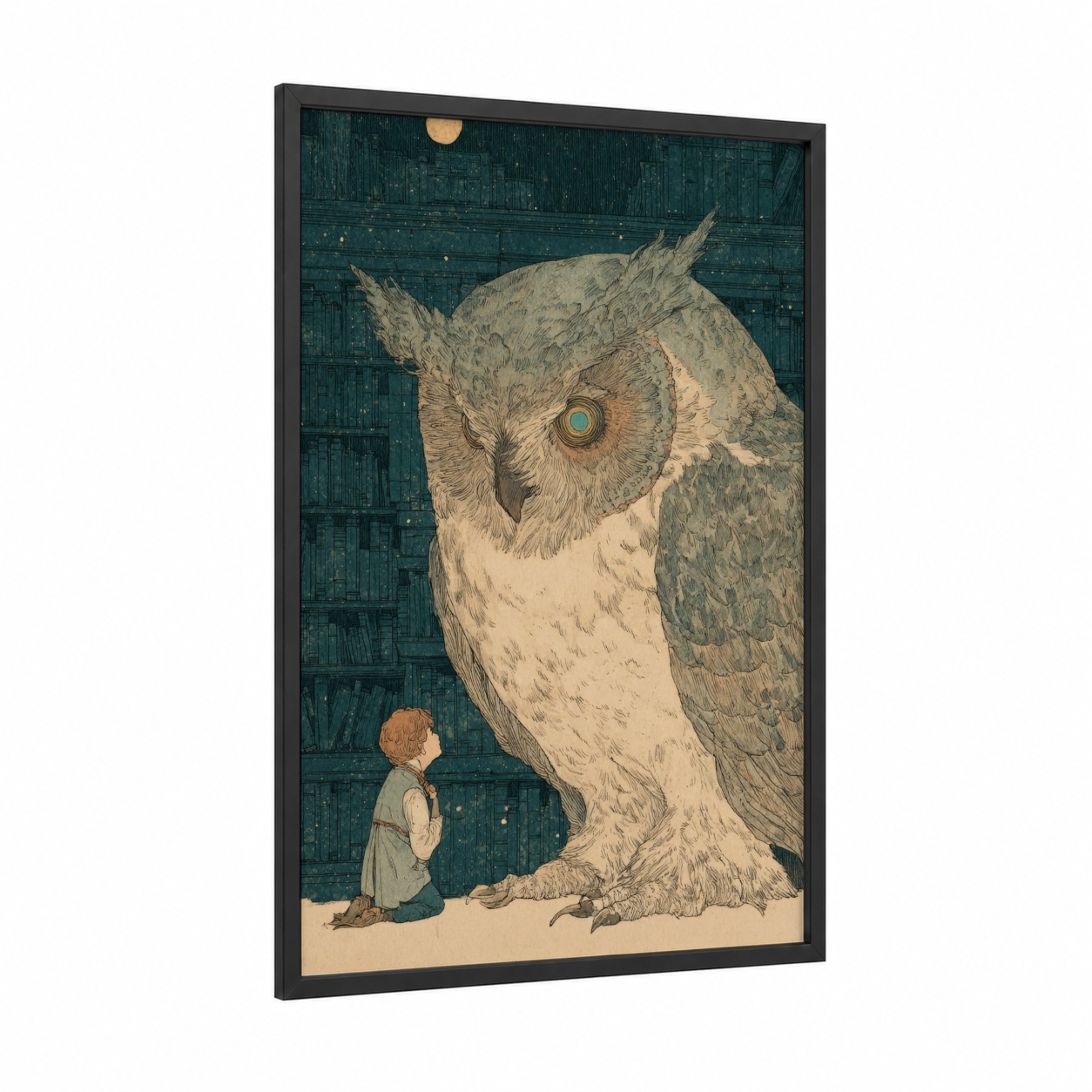 Moonlit Owl Guardian framed kids magic and fantasy print — black wood frame — dark blue and cream palette