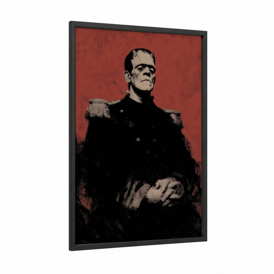 Monster Classic framed halloween print — black wood frame — red and black and white palette