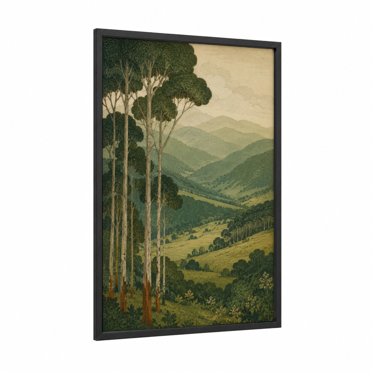 Eucalyptus Valley Landscape Wall Art framed eucalyptus forest print — black wood frame — true green and beige palette