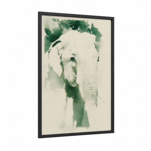 Emerald Elephant framed asian elephant print — black wood frame — sage green and cream palette