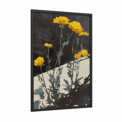 Sunlit Daisies framed abstract flower print — black wood frame — yellow gold and black palette