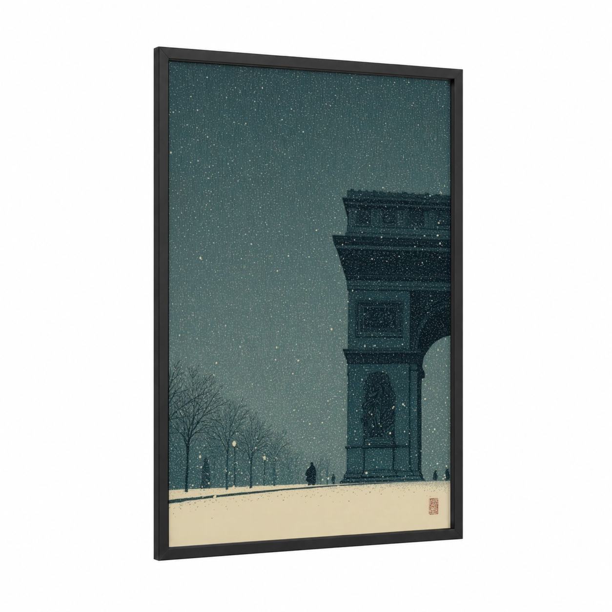 Snowy Arc Twilight framed arc de triomphe print — black wood frame — teal and white palette