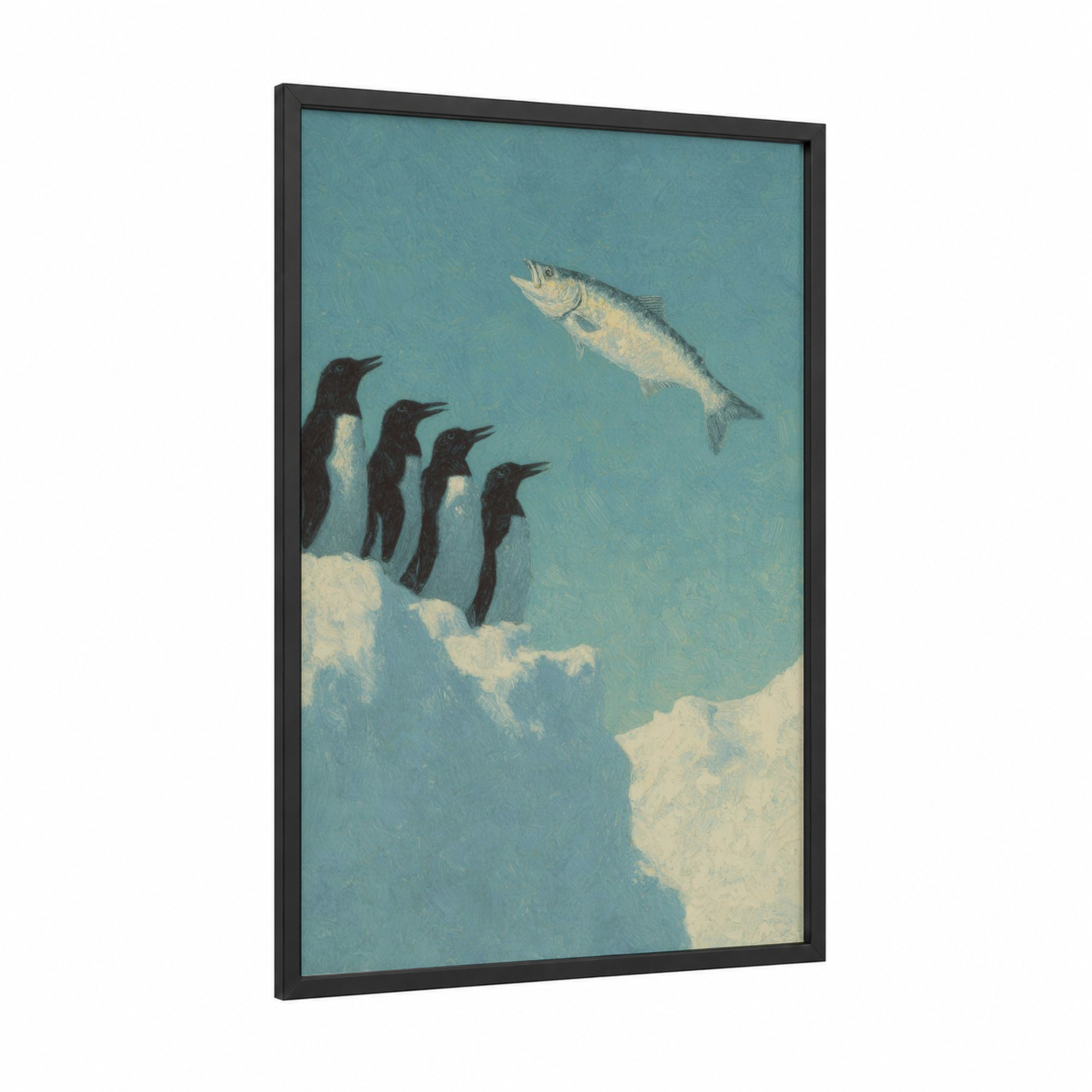 Penguin Tarpon framed art print — black wood frame — teal and cream palette