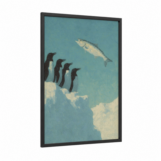 Penguin Tarpon framed art print — black wood frame — teal and cream palette