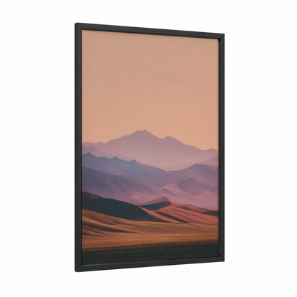 Desert Sunrise framed art print — black wood frame — peach and lavender palette