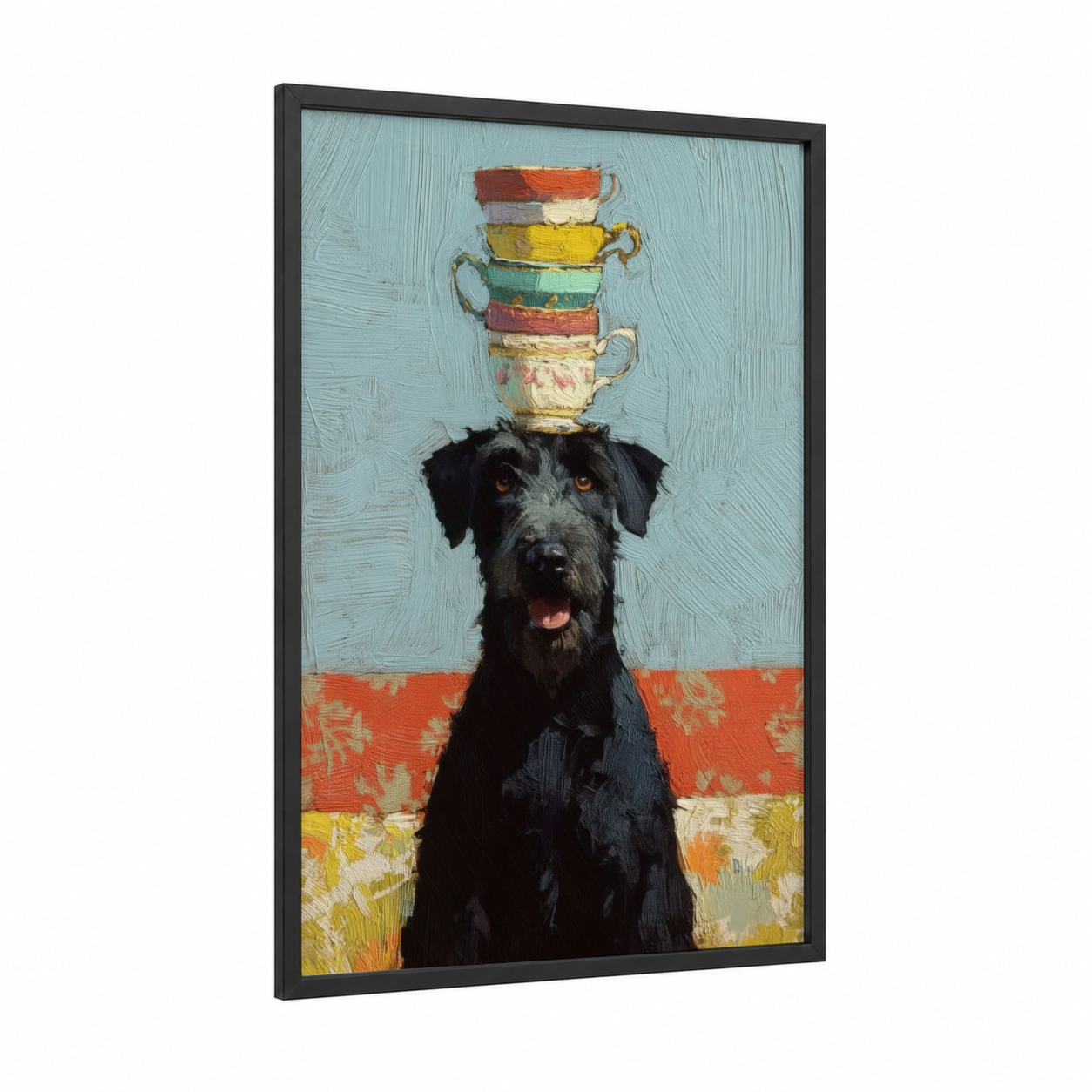 Teacup Terrier framed art print — black wood frame — blue and orange palette