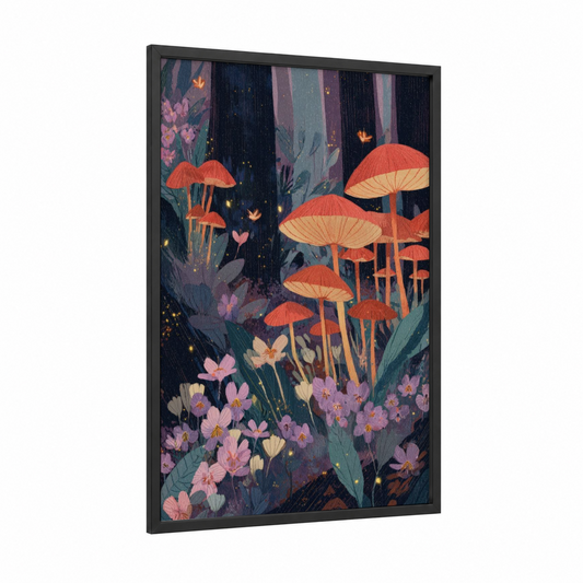 Enchanted Mushroom Garden framed spring print — black wood frame — orange and pink palette