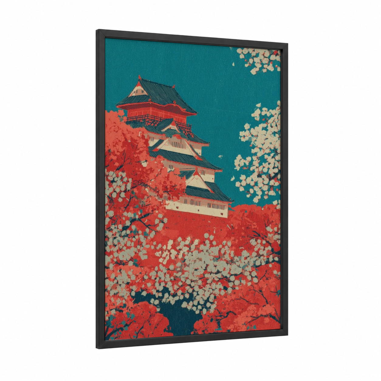 Cherry Blossom Castle framed art print — black wood frame — teal and red palette