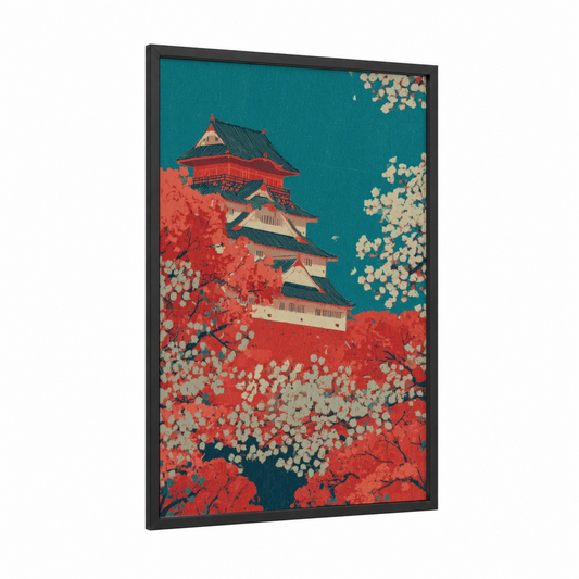 Cherry Blossom Castle framed art print — black wood frame — teal and red palette