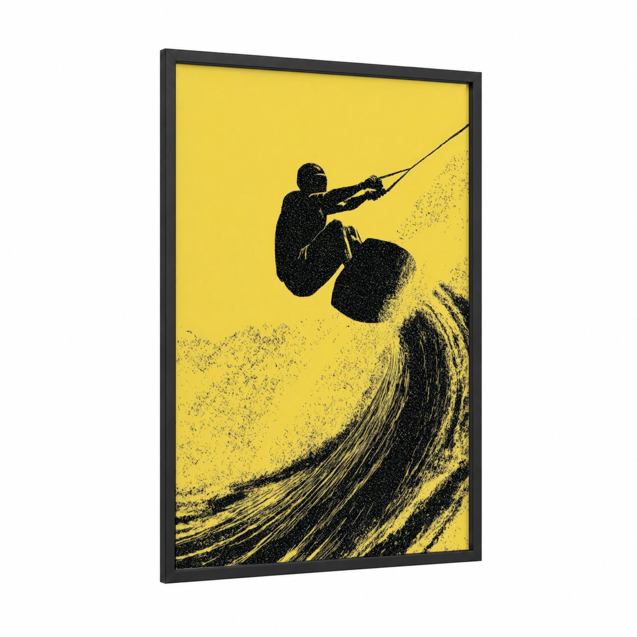 Yellow Wave Wakeboarder framed wakeboarding print — black wood frame — yellow and black palette