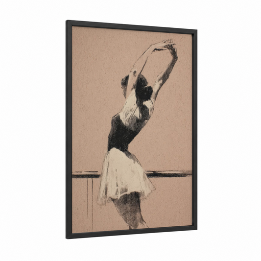 Graceful Ballet Stretch framed art print — black wood frame — black and white and beige palette
