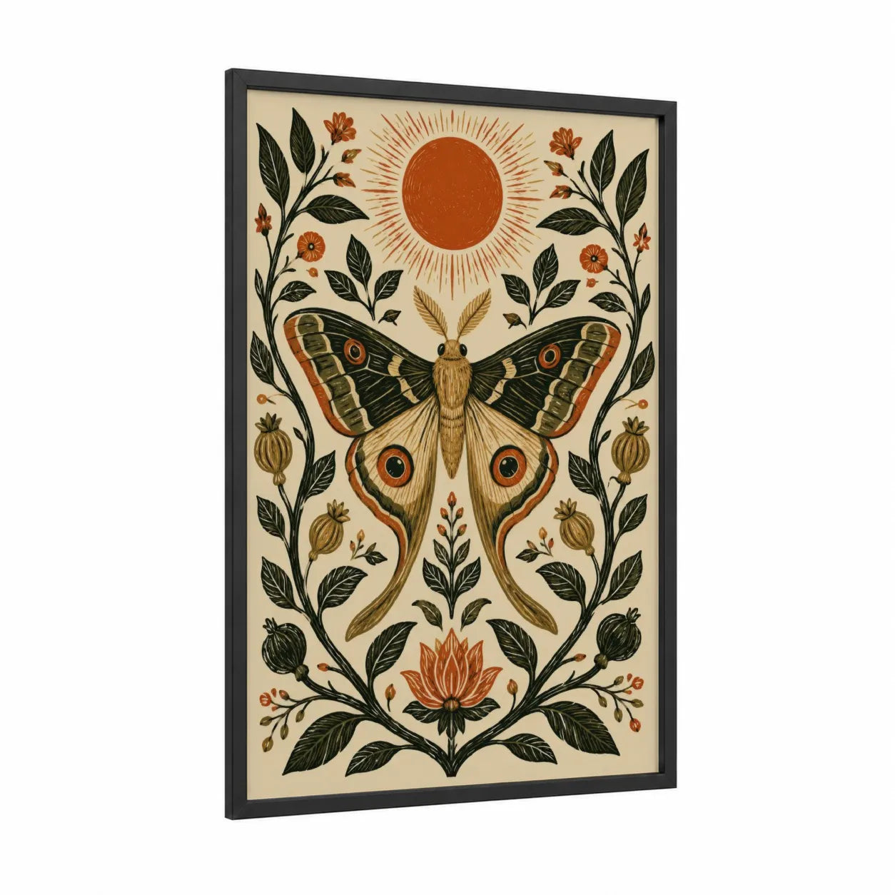 Botanical Moth And Sun Wall Art framed butterfly print — black wood frame — orange and cream palette