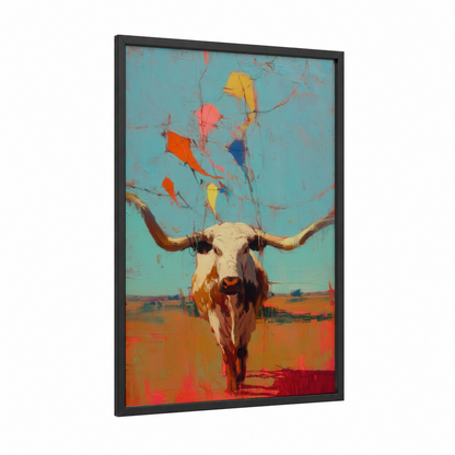 Kite Sky Longhorn framed longhorn cow print — black wood frame — turquoise and orange palette