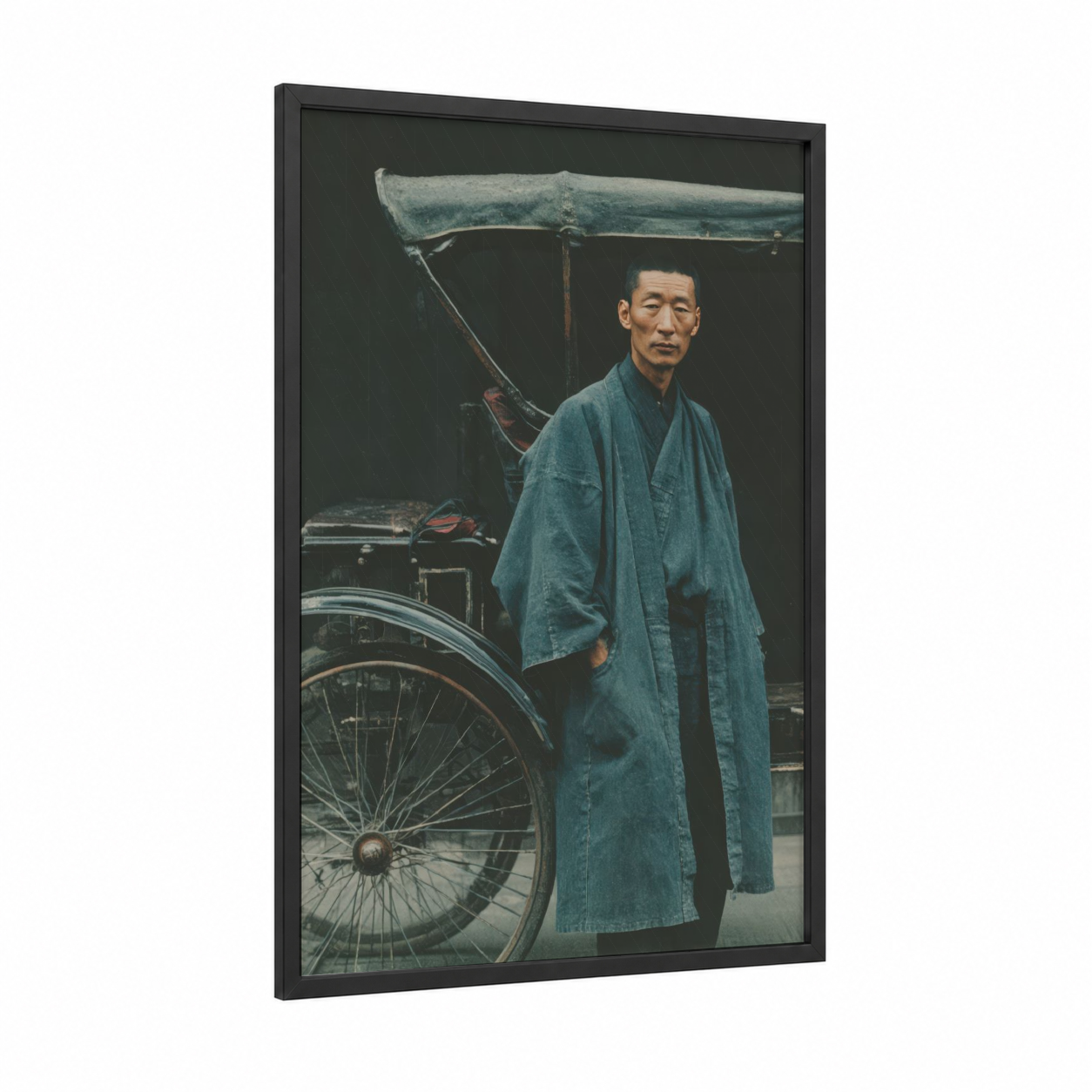 Rickshaw Operator Portrait framed art print — black wood frame — dark blue and gray palette