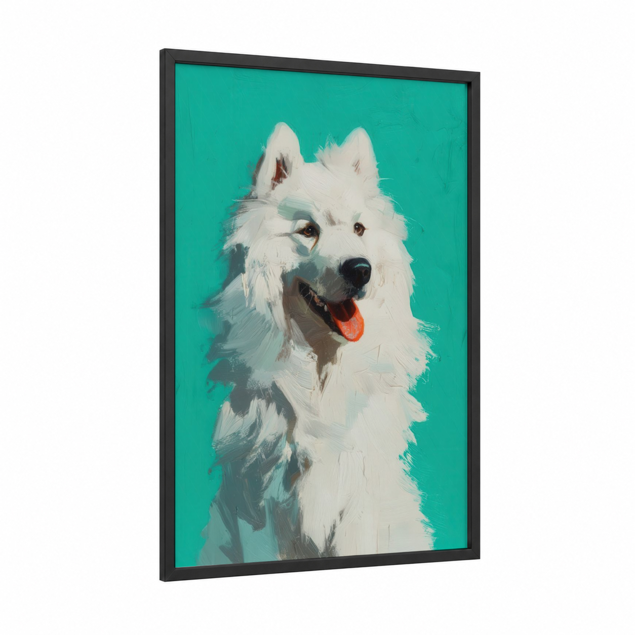 Happy Spitz framed art print — black wood frame — white and turquoise palette